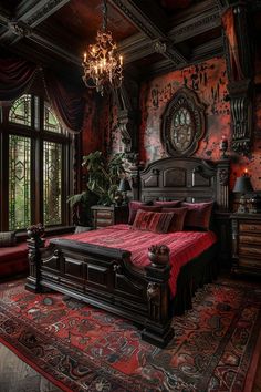 an ornate bedroom with red and black walls, chandelier, bedding, and rugs