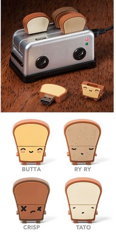 the toaster has four slices of bread in it and is shaped like a face