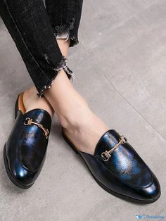 OrcaJump - Slip-On Loafer Shoes with Refined Metal Accents Casual Loafers With Metal Feet And Pointed Toe, Casual Slip-on Pointed Toe Dress Shoes, Half Shoes Men, Half Shoes, Backless Loafers, Loafer Slippers, Popular Shoes, Leather Shoes Men, Male Fashion