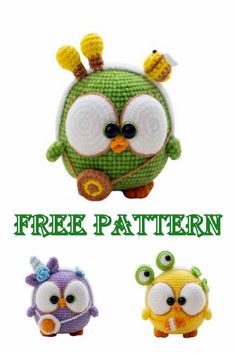 three small stuffed animals are shown in four different colors and sizes, with the words free pattern above them