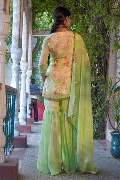 Green kurta featuring floral mix printed motifs and sequin embellishments. Comes with matching gharara and sequin embellished dupatta. - Aza Fashions Kurta Patterns, Mixing Prints, Set For Women, Aza Fashion, Silk Printing, Embellishments, Types Of Sleeves, Sequin, V Neck