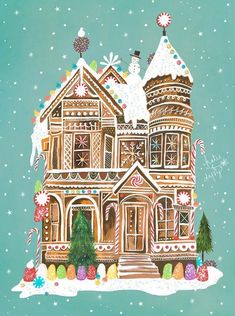 a painting of a gingerbread house with candy canes and christmas decorations on the roof