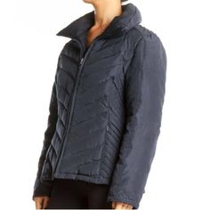 Open To Offers Bi Navy Nylon Outerwear For Fall, Navy Fitted Outerwear For Cold Weather, Navy Nylon Outerwear For Spring, Versatile Stretch Blue Outerwear, Navy Nylon Spring Outerwear, Blue Stretch Outerwear For Winter, Blue Stretch Winter Outerwear, Blue Insulated Hooded Outerwear, Puffer Trench Coat