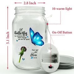 a glass jar with a butterfly on it and instructions for how to put the lid