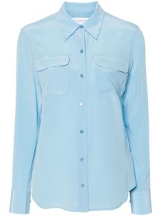 sky blue silk satin finish crepe texture front button fastening pointed flat collar long sleeves buttoned-cuff sleeves two chest flap pockets curved hem Pointed Flat Collar, Shop Equipment, Flat Collar, Yoko London, City Dress, Summer Beach Wear, Blue Silk, Silk Shirt, Lady Dior