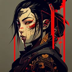 an illustration of a woman with blood on her face and black hair, holding a knife