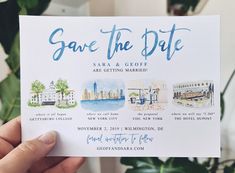 a hand holding up a save the date card with images of buildings and watercolors