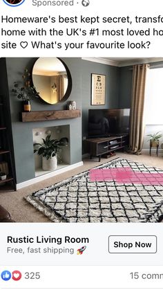 a living room with a large rug and a mirror on the wall next to it