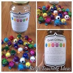 several images of colorful beads in a jar