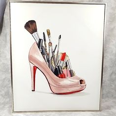 a watercolor painting of a pink high heeled shoe with makeup brushes in it