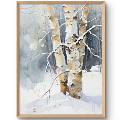 a watercolor painting of a birch tree in the snow with no leaves on it