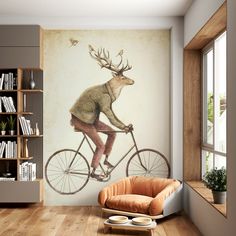 a room with a deer riding a bicycle