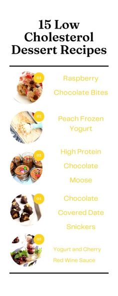 the top ten low cholestero desserts are shown in this poster, which includes