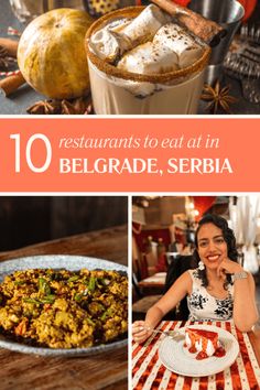 the collage shows different foods and drinks on display with text overlay that reads 10 restaurants to eat at in belgrade, serbia