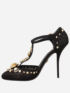 The Dolce & Gabbana Crystal Embellished T-strap Pumps feature a high stiletto heel and an almond toe. Featuring embellishment, these ankle boots are detailed with gold rose detail clear crystals for luxurious finish. Rosé Details, Leg Work, Sneaker Jewelry, Wedge Pumps, Strap Pumps, Clear Crystals, Pump Sandals, T Strap, Black Mesh