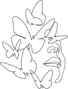 the face of a woman with butterflies on her head and eyes drawn in one line