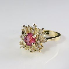 Unique Pink Sapphire Diamond Ring Ballerina Ring Mid Century Ring 1950s Diamond Ring One of a Kind R Pink Ruby Ring With Prong Setting In Cubic Zirconia, Pink Cubic Zirconia Ruby Ring With Prong Setting, Pink Ruby Rings With Prong Setting, Pink Ruby Rings With Brilliant Cut, Pink Diamond Formal Birthstone Ring, Pink Cluster Ring With Brilliant Cut, Pink Diamond Ruby Ring Gift, Pink Diamond Birthstone Ring For Formal Events, Pink Diamond Ring For Proposal