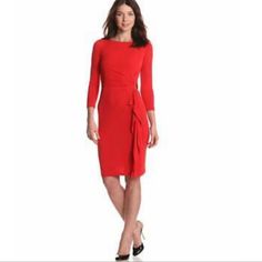 Dress: 95% Polyester 5% Spandex Lining: 100% Polyester Imported Dry Clean Only Goldtone Tab Gathers At The Waistline Bateau Neckline And Draped Skirt Hidden Side Zip Closure Approximate Measurements Taken Flat Bust 17.5” Waist 14” Length 39”Eliza Jlong Sleeve Dress With Side Gathering Red Midi-length Elastane Dress, Red Midi Length Elastane Dress, Chic Red Elastane Midi Dress, Elegant Red Elastane Dress, Red Knee-length Elastane Dress, Flattering Fitted Red Dress, Red Stretch Midi Dress For Work, Formal Red Elastane Dress, Red Elastane Spring Dress