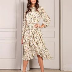 Never Worn! Fits True To Size. Adjustable Self-Tie Waistline Asymmetric Ruffle Shirt 100% Polyester Hand Wash Dresses Pink, Ruffle Shirt, Sleeve Midi Dress, Bird Print, Long Sleeve Midi, Long Sleeve Midi Dress, Bird Prints, Hand Washing, Midi Dress