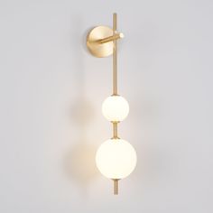 two white balls are attached to a brass wall light