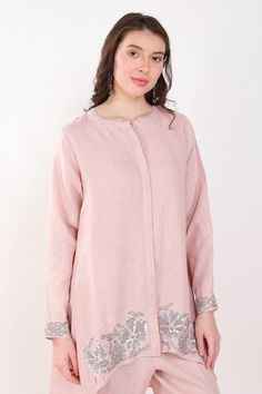 Light pink asymmetric kurta with sequin, thread placement embroidery in floral pattern on border. Paired with border embroidered pant. - Aza Fashions Spring Embellished Straight Kurta, Spring Embellished Long Sleeve Kurta, Pink Floral Embroidered Tops For Eid, Traditional Tops With Mirror Work For Spring, Embroidered Hem Tunic Kurta, Traditional Spring Tops With Mirror Work, Long Sleeve Tops With Mirror Work For Spring, Spring Long Sleeve Tops With Mirror Work, Long Sleeve Blouse With Mirror Work For Spring