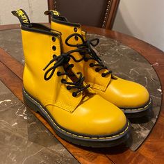 Yellow , Never Worn Dr. Martens Size W9 Classic Yellow Boots With Round Toe, Classic Yellow Round Toe Boots, Yellow Fitted Casual Boots, Classic Yellow Lace-up Boots, Yellow Doc Martens, Yellow Dr Martens, Shoes Yellow, Yellow Shoes, Dr Martens Shoes