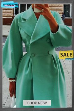 Elegant Solid Color Turndown Collar Outerwear(9 Colors) Woolen Coat Winter, Long Jackets For Women, Look Boho Chic, Elegant Coats, Vintage Lanterns, Long Wool Coat, Maxi Coat, Elegant Pattern, Green Coat