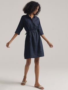 Affordable price buy Dresses on Shopcozy, SPU: 4491QDR9530BB, Color: Navyblue, Theme:Spring/Fall, Edition type:Regular Fit. Casual Dress With Placket For Work, Elegant Navy Button-up Dress, Casual 3/4 Sleeve Dresses, Relaxed Fit Workwear Dress With Placket, Casual Linen Collared Dresses, Navy Shirt Dress For Spring Workwear, Navy Button-up Dress For Work, Navy Button-up Workwear Dress, Casual Navy Button-up Dress