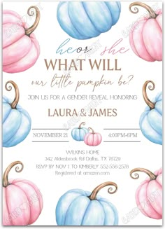 a watercolor pumpkin baby shower party with blue, pink and white pumpkins on it