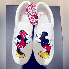 Nwt Slip On Canvas Disney Shoes! Disney Themed Slip-on Sneakers For Disney Trips, White Low-top Mickey Mouse Sneakers, Fun White Low-top Canvas Shoes, Cute Minnie Mouse Sneakers With Round Toe, Disney White Low-top Sneakers, Cute White Slip-on Canvas Shoes, White Cute Slip-on Canvas Shoes, White Canvas Shoes With Red Sole, White Canvas Shoes With Red Sole And Round Toe