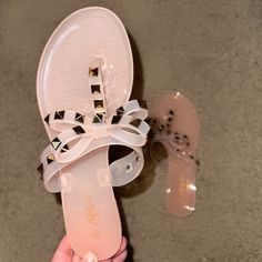 Beautiful Nude Pink Colored Jelly Sandals With Studded Bow Cute Pink Flat Jelly Sandals, Pink Jelly Sandals, Pink Affordable Slip-on Jelly Sandals, Pink Slip-on Jelly Sandals For The Beach, Synthetic Slip-on Sandals With Bow, Taupe Sandals, Rose Gold Flats, Rose Gold Sandals, Leopard Sandals