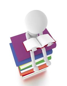 a person sitting on top of a stack of books with an open book in front of them