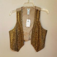 Women's Vest With Gold Metal Studs - New!! Size 4 Shoulder To Bottom Length 15" Embellished Gold Outerwear For Spring, Spring Embellished Gold Outerwear, Gold Embellished Outerwear For Spring, Fitted Embellished Vest, Sequined Fitted Vest For Spring, Fitted Sequin Vest For Spring, Casual Fitted Party Vest, Fitted Vest For Night Out In Spring, Fitted Vest For Night Out In Fall