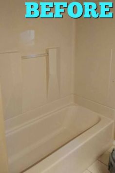 before and after pictures of a bathroom remodel with tub, toilet and shower