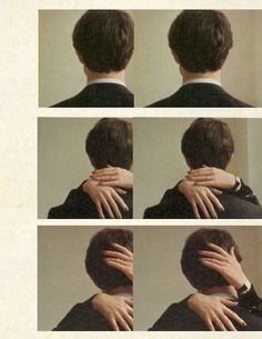 four different images of a person with their hands on his neck