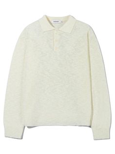 This is classic polo style sweater knitted from slub boucle yarn with loose structure and solid weight. It's finished neatly with full linking stitch and TR mother of pearl buttons.- Collared neck- Half placket wiht button fastenings- Ribbed cuffs and hem- Linking stitching finish- Semi-oversized fit White Collared Sweater With Buttons, Classic White Knit Polo Sweater, Classic Cream Polo Sweater, Boucle Yarn, Polo Style, Polo Sweater, Style Sweater, Mother Of Pearl Buttons, Pearl Buttons