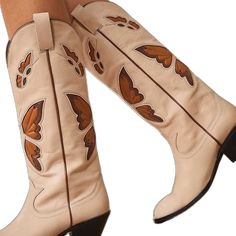 Cream Boots For Spring Western-themed Events, Cream Boots For Western-themed Spring Events, Western Style Cream Boots With Reinforced Heel, Western Cream Boots With Reinforced Heel, Cream Western Boots With Reinforced Heel, Western Beige Boots For Winter, Country Style Fitted Heeled Boots With Round Toe, Country Style Fitted Round Toe Heeled Boots, Bohemian Mid-calf Boots With Round Toe For Fall