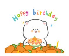 a happy birthday card with a white bear holding a cake and carrots in front of it