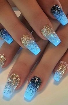 Blue And Gold Nail Designs, Latest Nails, Ocean Nails, Painterly Prints, Nails Styles, Gold Nail Designs, Nails Tips, Gold Nail, Glow Nails