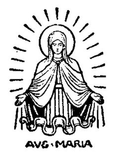 the virgin mary icon in black and white, with sun rays coming out from behind it