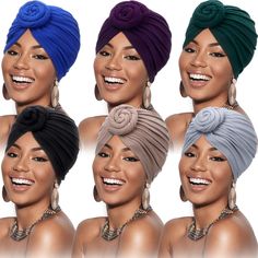 6 Pieces Women African Turban Flower Knot Pre-Tied Bonnet Beanie Cap Headwrap - Lasercutwraps Shop Headwrap Styles, Pictures Graduation, Cap Graduation, Knotted Headwrap, African Turban, Sleep Hat, Knotted Beanie, Style Africain