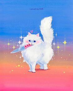 a painting of a cat with a knife in it's mouth on a pink and blue background