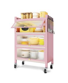 a pink cart with food and utensils on it