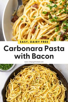 the recipe for carbonara pasta with bacon is in a skillet and ready to be eaten