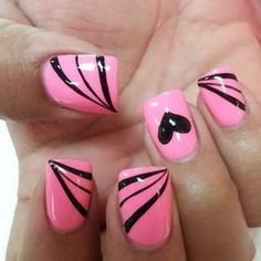 In the modern fashion world, black often represents stability or conservatism, because it is worn to work or on serious occasions. Pink is the color of childish innocence, purity and youth that als… Dark Valentines Nails, Feb Nails, Pink And Black Nails, Nails Hot Pink, Valentines Nail Art Designs, Pink Nail Art Designs, Feather Nails, Nails Trend, Nail Goals