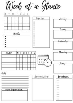 the week at a glance planner is shown in black and white, with an image of a