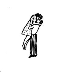 a black and white drawing of a man hugging a woman