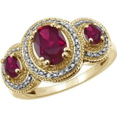 A VIBRANT ACCENT PIECE THAT GLOWS FROM WITHIN Made with real Ruby Gemstones, White Diamonds & 14K Gold Plated Silver Unlike cheaply made gemstone rings for women that turn out to be fake, with dull, flat-looking faux stones, the JewelersClub Ruby Ring features a genuine 2.30 carat Ruby stone flanked by real White Diamond clusters. Crafted with care and expert workmanship and set in a hypoallergenic, 14K Gold Plated Silver band, this gorgeous Red Oval ring is durably made with premium materials t Ruby Rings With Diamond Accents, Gold Ruby Ring With Three Stones, Oval Shaped, Gold Oval Ruby Ring With Three Stones, Round Ruby Rings With Diamond Accents, Classic Gold Ruby Ring With Three Stones, Classic Gold Ruby Ring With Accent Stones, Classic Yellow Gold Rings With Accent Stones, Gold Oval Ruby Ring With Diamond Accents, Classic Ruby Rings With Diamond Accents