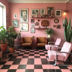 a living room with pink walls and black and white checkered flooring, potted plants on the wall