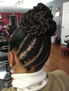 braided updo for black hair wedding Crochet Curls Hairstyles, Braided Bun For Black Women, Bun For Black Women, Black Braided Updo, Hairstyle African, Cornrow Updo, Hairstyle Braided, Hair Tan Skin